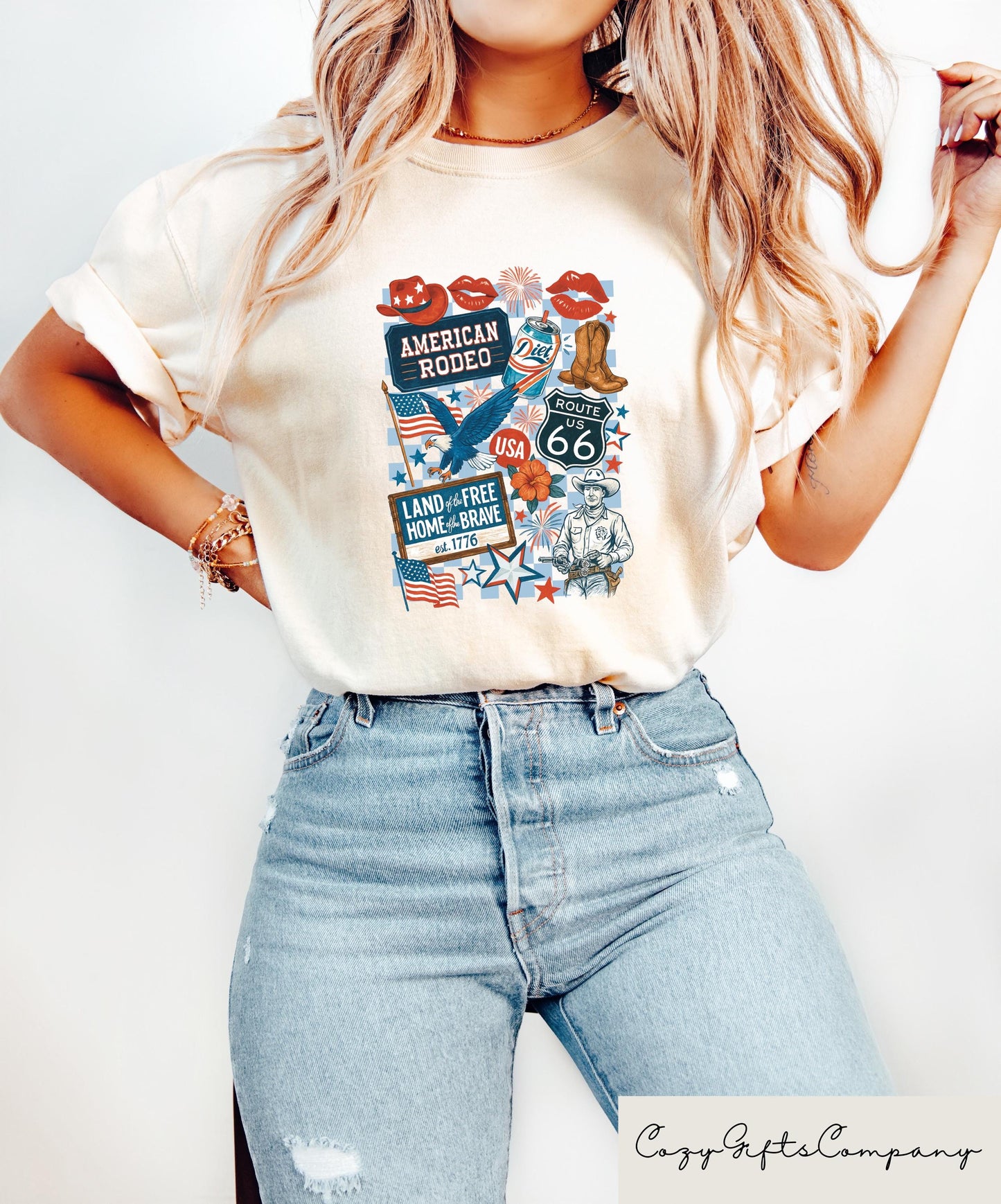Retro Comfort 4th Of July Shirt American Cowgirl T shirt Western Independence Day Gift Patriotic Cowgirl Crewneck American Rodeo Tee Graphic Tee – Soft Feel · Top Pick For Any Outfit