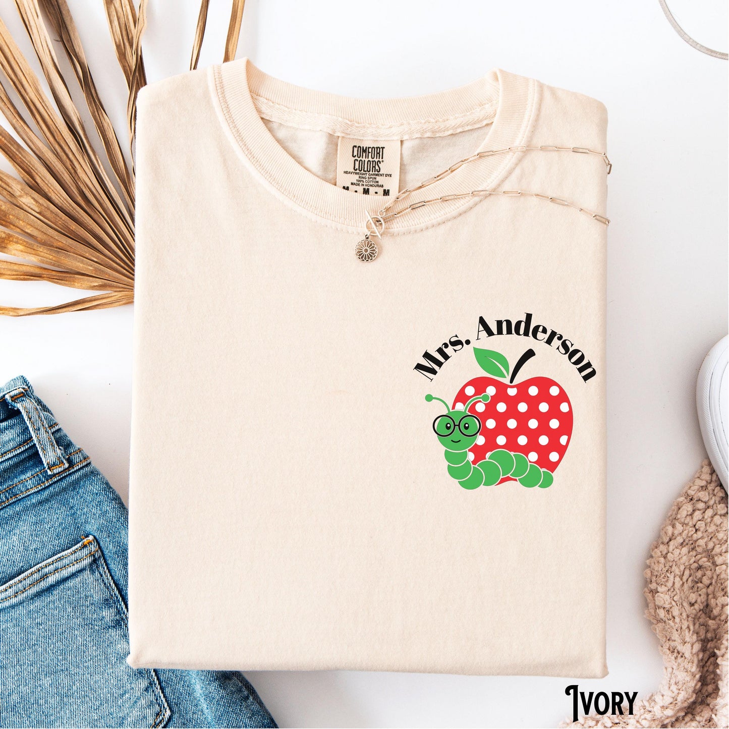 Personalized Teacher Shirt Custom Teacher Tee Book Worm T Shirt Front and Back Name Apple Tshirt Gift for Teacher Graphic Tee – Bold Style · Trending Graphic Apparel