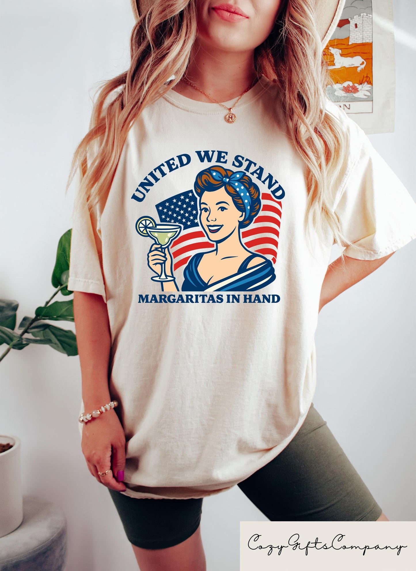 Retro Comfort 4th Of July Tshirt United We Stand Margarita In Hand Shirt Women Independence Day Gift USA Flag Tee Margarita Lover Outfit Graphic Tee – Soft Feel · Perfect For Daily Wear