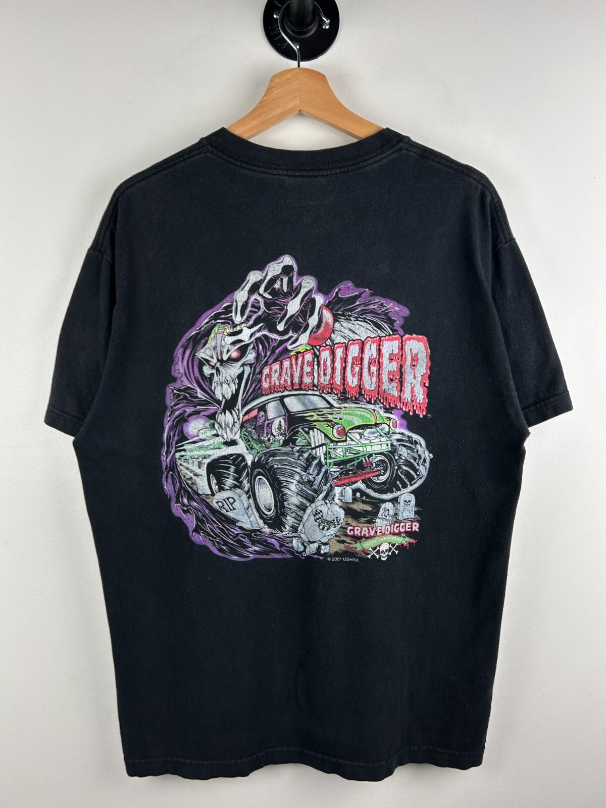 Vintage 2001 Grave Digger Monster Truck Skull Grim Reaper Black Tee Size L Graphic Tee – Warm & Stylish · Trending Graphic Apparel