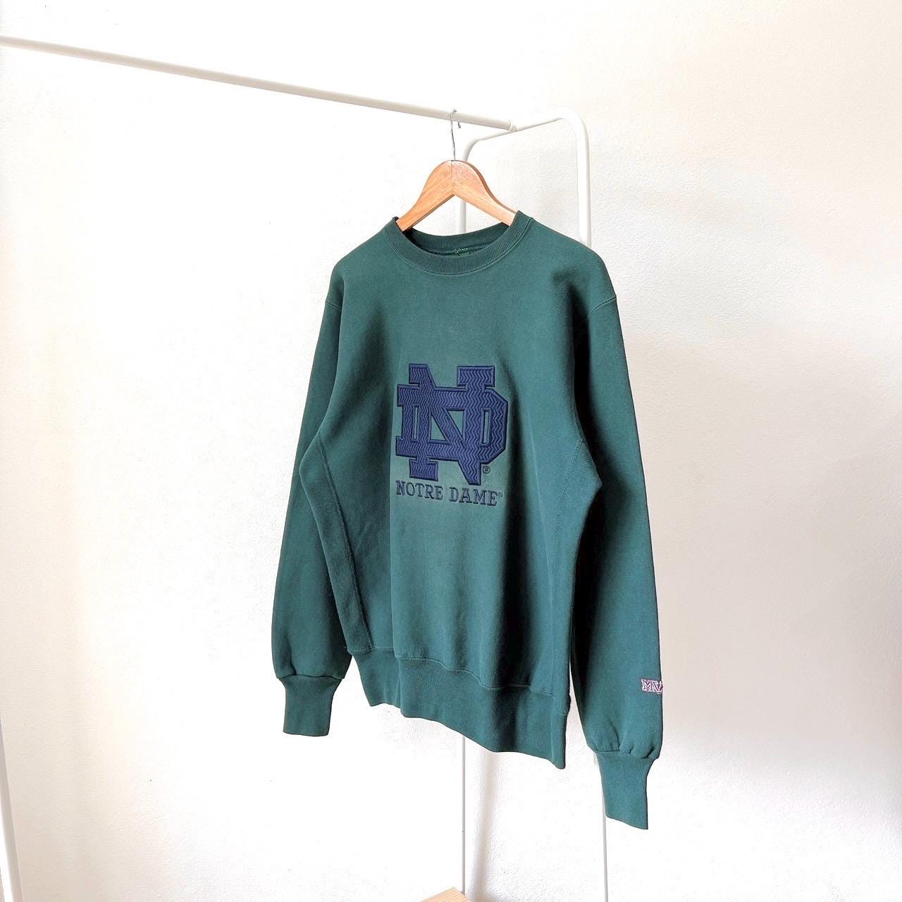 Vintage 90s Notre Dame Fighting Irish NCAA Vintage MV sport made in USA green sweatshirt M Sweatshirt – Cozy Vibes · Trending Graphic Apparel